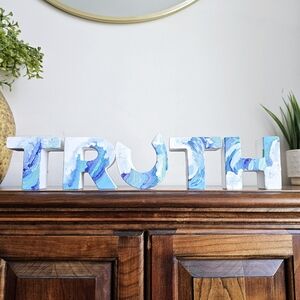 "Truth" 5 Gypsum Plaster Chunky Nicole's Letters, Handpainted Blue Waves Decor